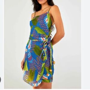 Farm Rio women MACAW PRINT MINI WRAP DRESS in Blue Multi